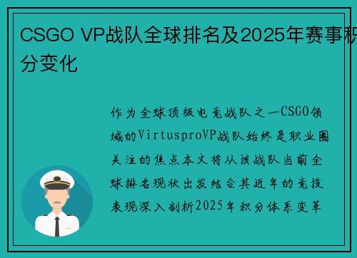 CSGO VP战队全球排名及2025年赛事积分变化